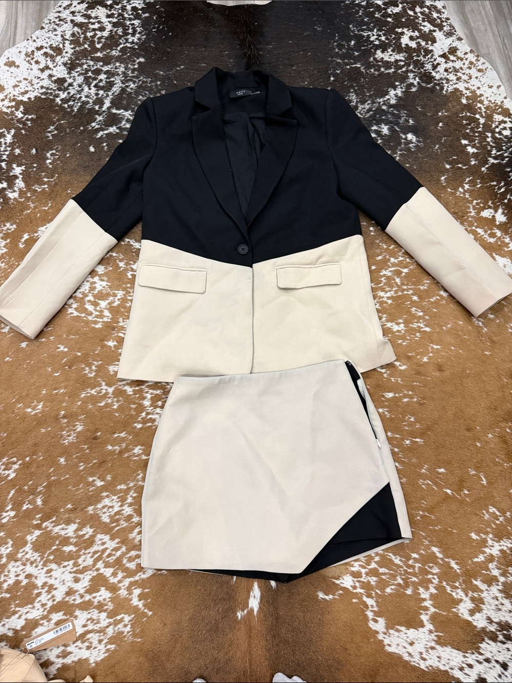 Vici Two-Tone Black and Cream Blazer with Matching Cream Mini Skirt